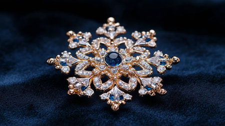 A detailed snowflake glistens against a deep blue background filled with tiny light reflections, creating a winter ambiance filled with magic and tranquility.の素材
