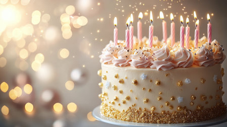 A beautifully decorated birthday cake with pink frosting and gold accents sits on a plate. Candles are lit, creating a warm glow, perfect for a joyous celebration.の素材