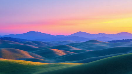 Golden sunlight illuminates rolling green hills at sunrise, highlighting the tranquil beauty of the countryside. Shadows create depth in this serene early morning landscape.の素材