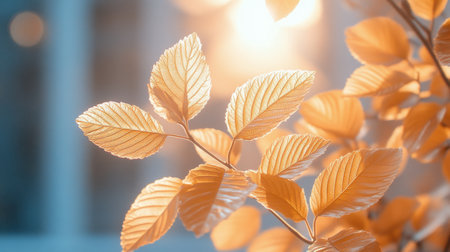 Basking in warm sunlight, vibrant golden leaves flutter gently on branches during a serene autumn afternoon in a quiet forest, capturing the beauty of nature.の素材