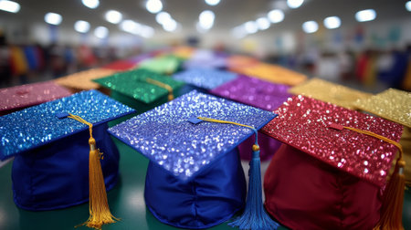 Graduation caps in various colors rest on a bright, textured background, symbolizing achievement and the joy of accomplishment during a graduation ceremony.の素材