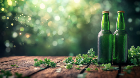 Two green bottles rest on a weathered wooden table, adorned with clover and illuminated by warm, glowing lights in the evening ambiance.の素材