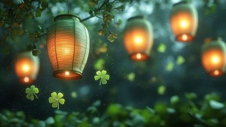 Glowing lanterns hang from lush greenery, illuminating the surroundings with warm light. Gentle clovers sway in the evening breeze, creating a tranquil atmosphere.の素材