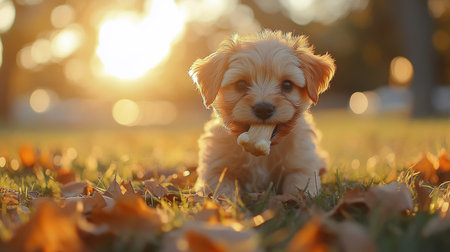 A cheerful puppy runs joyfully through a lush meadow on a sunny day, holding a bone in its mouth. The vibrant landscape features colorful flowers and fluffy clouds.の素材