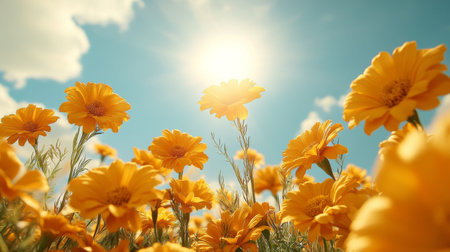 A vast field filled with blooming orange flowers stretches under a clear blue sky. Fluffy white clouds float above, creating a peaceful and picturesque scenery.の素材