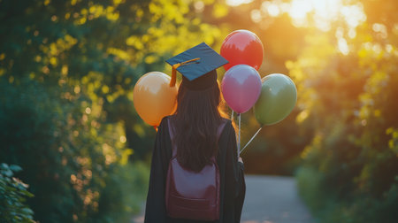 A graduate wearing a cap and gown stands in a park, holding vibrant balloons. The sunlight creates a warm atmosphere, highlighting this joyful moment of achievement.の素材