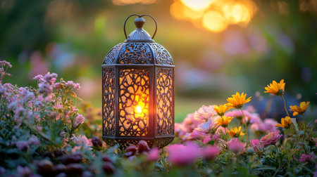 A vintage lantern casts a warm glow among vibrant flowers as the sun sets, creating a tranquil atmosphere in the garden. This moment captures the beauty of nature and light.の素材