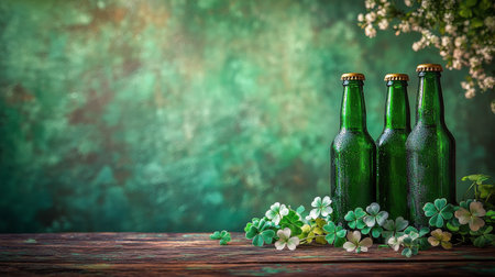 Two green bottles rest on a weathered wooden table, adorned with clover and illuminated by warm, glowing lights in the evening ambiance.の素材
