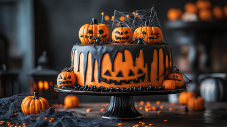 A lavish Halloween cake features vibrant orange and black icing, adorned with mini pumpkins and spooky spider decorations. Perfect for autumn festivities.の素材