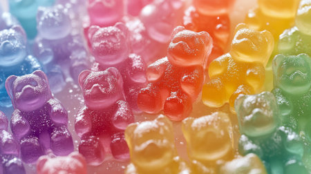 Brightly colored gummy bears are carefully positioned in a gradient layout, showcasing shades from red to purple against a glossy backdrop, creating an eye-catching display.の素材