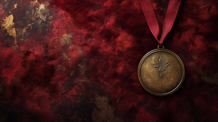 A bronze medal lies on luxurious red fabric, symbolizing honor and achievement, evoking feelings of pride and success. Perfect for showcasing awards and recognition themes.の素材