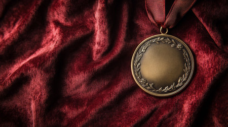 A bronze medal lies on luxurious red fabric, symbolizing honor and achievement, evoking feelings of pride and success. Perfect for showcasing awards and recognition themes.の素材