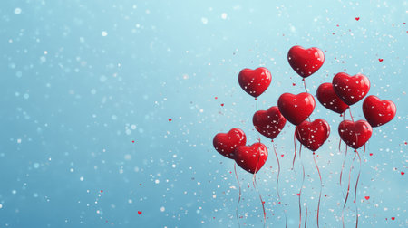 Heart-shaped balloons in vibrant red color are floating upward, creating a cheerful atmosphere under a bright blue sky filled with gentle clouds.の素材