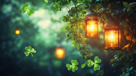 Glowing lanterns hang from lush greenery, illuminating the surroundings with warm light. Gentle clovers sway in the evening breeze, creating a tranquil atmosphere.の素材