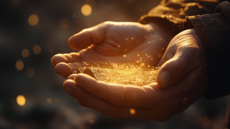 Cupped hands hold shimmering particles of light against a soft sunset backdrop. The warm glow creates a magical atmosphere, evoking feelings of wonder and tranquility.の素材