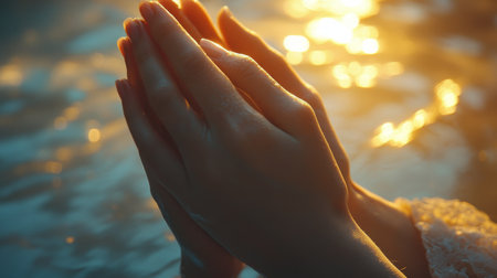 Cupped hands hold shimmering particles of light against a soft sunset backdrop. The warm glow creates a magical atmosphere, evoking feelings of wonder and tranquility.の素材