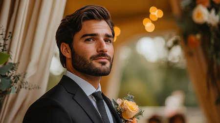 A well-dressed groom poses against a stunning array of blossoms, showcasing elegance and charm on his special day. The setting exudes romance and sophistication.の素材