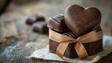 A delicate heart shaped chocolate box tied with a soft pink ribbon rests on a light textured surface, showing an inviting treat perfect for gifting on special occasions.の素材