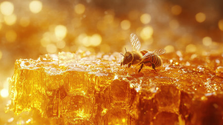 A honey bee collects nectar from a shiny piece of honeycomb. The warm golden light enhances the scene, highlighting the bees delicate wings and the rich textures of the honey.の素材