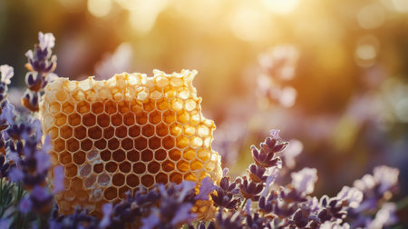 Golden honeycomb rests on a bed of fragrant lavender flowers, softly illuminated by the warm glow of the setting sun, creating a tranquil and serene atmosphere in the garden.の素材