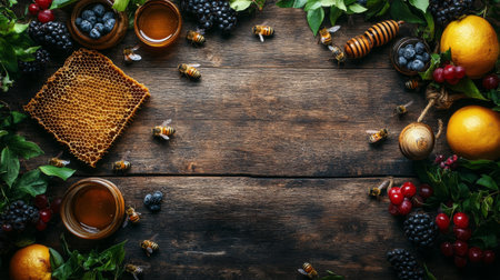 A rustic wooden table displays a vibrant arrangement of honeycomb, assorted fruits, and fresh berries surrounded by leaves and jars of honey.の素材