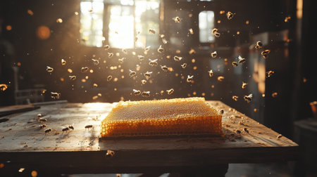A rustic wooden table displays a vibrant arrangement of honeycomb, assorted fruits, and fresh berries surrounded by leaves and jars of honey.の素材
