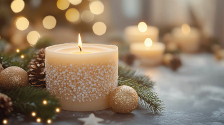 A lit candle rests on a table surrounded by festive ornaments and pine branches, creating a warm atmosphere for a winter gathering in a cozy indoor setting.の素材