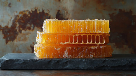 Golden honeycomb pieces are stacked neatly on a dark stone slab, showcasing their intricate patterns against a textured, rustic background that enhances their natural beauty.の素材
