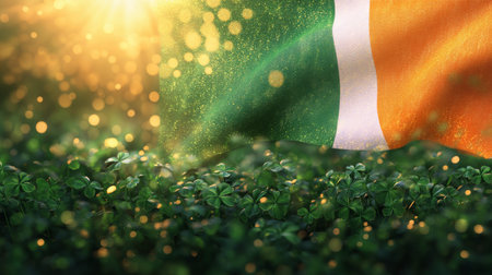 A beautifully lit gathering of shamrocks beneath the Irish flag glows warmly in the sunlight, embodying the charm of Irish heritage and festive spirit.の素材