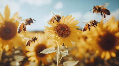 Bees are busy gathering nectar from bright sunflowers in a colorful garden during a sunny afternoon, showing the beauty of nature and pollination.の素材