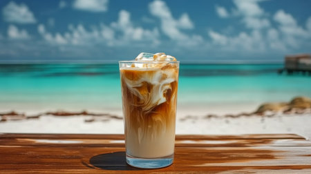 A cold glass of iced coffee sits on a wooden table, overlooking a tranquil beach with turquoise waters and swaying palm trees, capturing a perfect moment in paradise.の素材