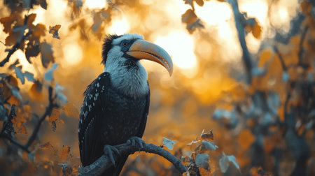 A vibrant toucan with a large orange bill sits on a branch amid thick, green foliage. The soft twilight light creates a serene atmosphere in the forest.の素材