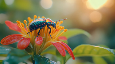 A beetle is resting on beautiful yellow flowers in a peaceful garden as the sun rises, casting a warm glow on the tranquil setting filled with nature's colors.の素材