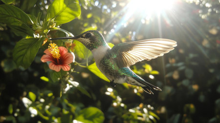 A small hummingbird approaches a vibrant flower in a garden filled with colorful blooms. Sunlight filters through leaves, creating a serene atmosphere.の素材