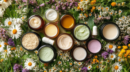 A collection of skincare products elegantly displayed among delicate pink flowers, creating a fresh and inviting ambiance perfect for spring skincare rituals.の素材