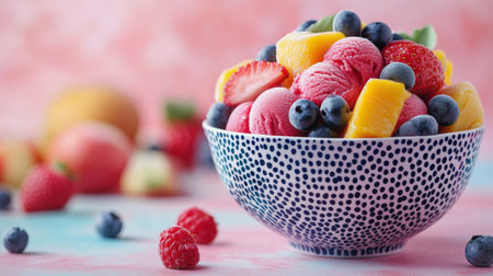 A bowl filled with vibrant ice cream scoops in pink, yellow, and purple, surrounded by fresh mango, raspberry, and blueberry on a mint green background.の素材