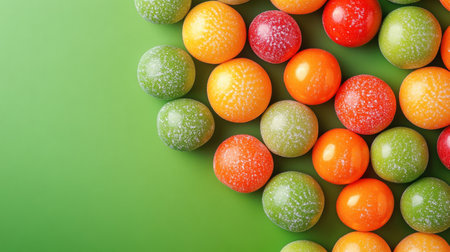 An array of fruit-flavored candies in various colors and shapes are spread across a bright green surface, creating a lively and inviting visual display.の素材