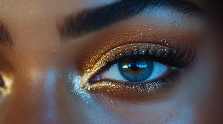 A close-up view focuses on a striking blue eye adorned with shimmering silver glitter makeup. The background sparkles, enhancing the beauty of the eye.の素材