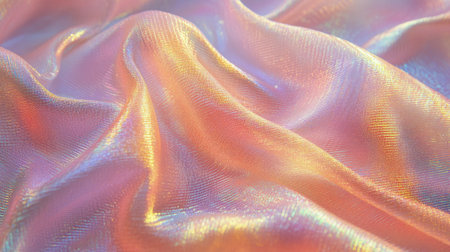 A vibrant pink and orange fabric spreads smoothly with shimmering textures, reflecting light in a soft, iridescent manner, creating an enchanting visual display.の素材