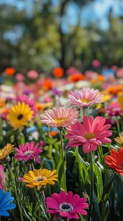 A vibrant garden showcases a variety of blooming flowers under bright sunlight. Different colors and types of flowers create a lively atmosphere in springtime.の素材