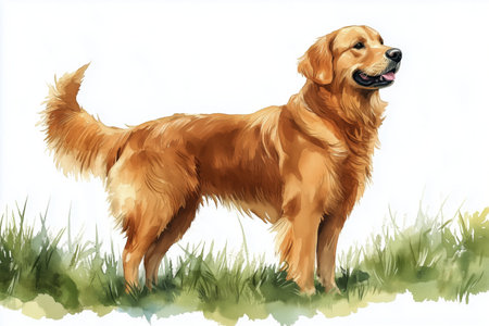 A golden retriever is standing proudly on a patch of grass, displaying a shiny coat and a joyful demeanor with its tongue out. The atmosphere appears bright and cheerful.の素材