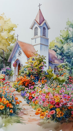 A charming white church stands amidst a colorful display of blooming flowers in a peaceful countryside. A soft, cloudy sky complements the serene atmosphere.の素材