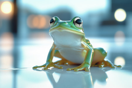 A green frog with distinct yellow webbing rests on a polished surface. Soft ambient light filters in, highlighting its features and creating a serene atmosphere.の素材