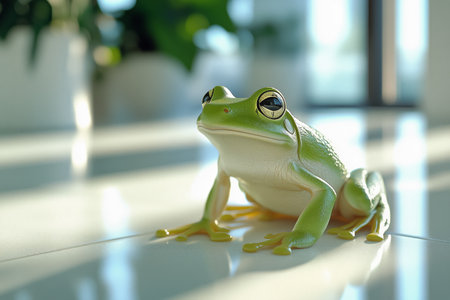 A green frog with distinct yellow webbing rests on a polished surface. Soft ambient light filters in, highlighting its features and creating a serene atmosphere.の素材