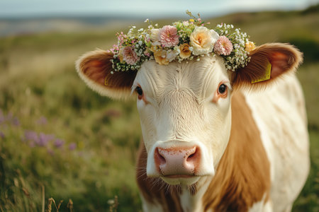 A cow stands in a lush green field adorned with a crown of flowers as the sun sets in the background, creating a warm glow and highlighting the serene atmosphere.の素材