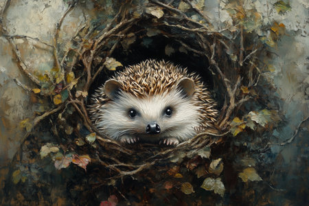 A hedgehog peeks curiously from a cozy nest formed by twigs and vibrant autumn leaves. The peaceful forest setting highlights the warm colors of fall.の素材