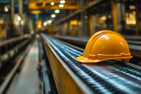 An orange hard hat rests on the ground beside protective glasses at a busy construction site during daylight hours. Dust and gravel are scattered around, highlighting ongoing work.の素材