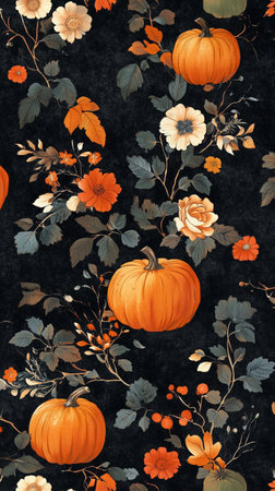 Vibrant design showcases orange pumpkins surrounded by delicate flowers and leaves. This artwork captures the essence of fall with its rich colors on a deep, dark background.の素材