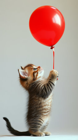 A curious kitten with striped fur stands upright, paws stretched towards a bright red balloon. The light background enhances the playful moment filled with joy and innocence.の素材