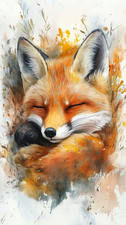A fox is curled up and resting, showing its soft fur and peaceful expression. The vibrant watercolor background adds warmth to the serene animal.の素材